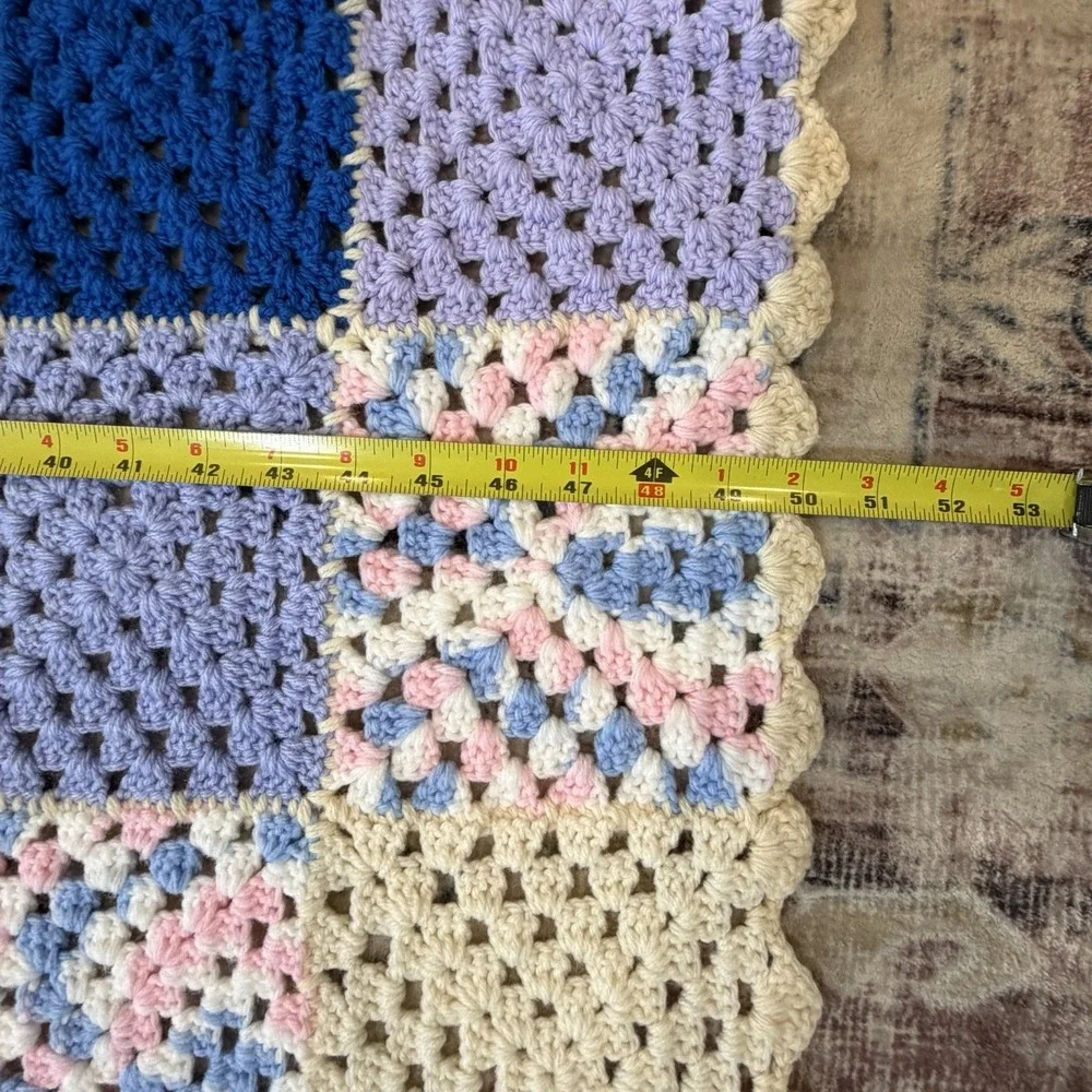 Vintage Crochet Granny Square‎ Blanket Throw 57x50 Handmade Afghan Retro Pastel